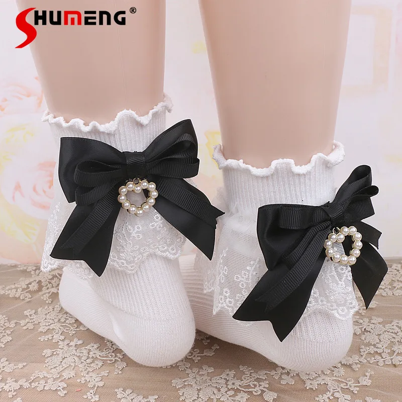 

Japanese Lolita Style Sweet Cute Lace Pearl Heart Pendant Back Bow Soft Girl Short Socks Women's Stockings Apparel Accessories