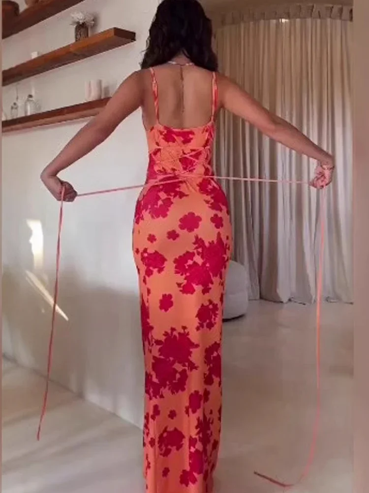 Summer New Printed Suspender U-Shaped Women's Maxi Dress Spaghetti Strap Bodycon Lace-up Orange Ladies Casual Hip Long Skirt