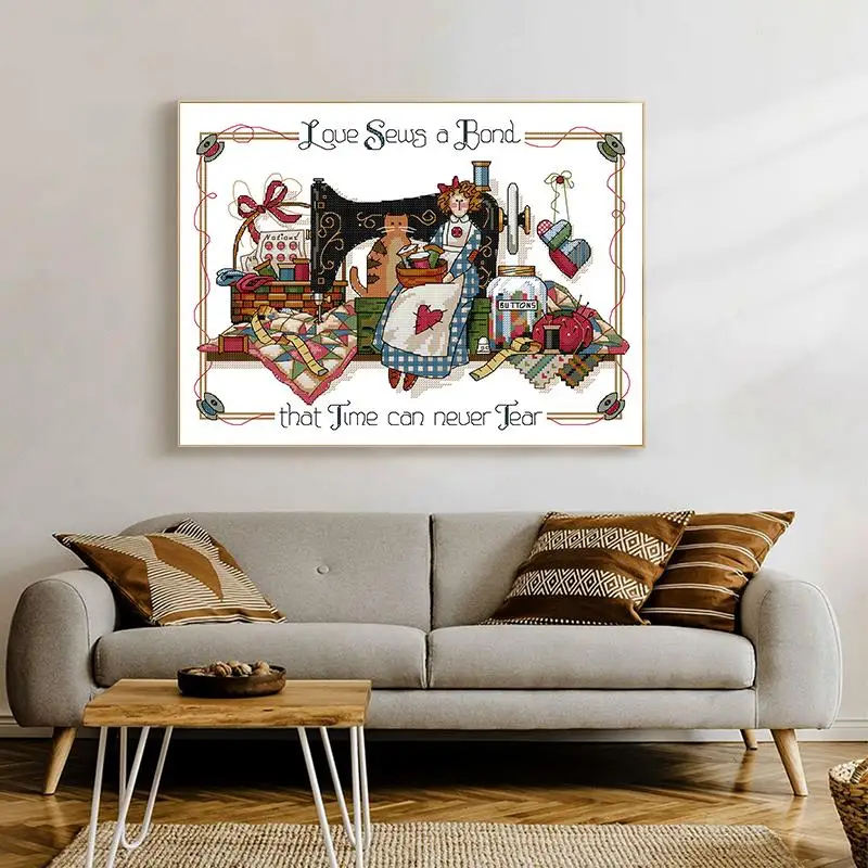 Cross Stitch Kit Sewing Machine and Doll DIY Cartoon Pattern 14CT 16CT 11CT White Printed Fabric DMC Thread Embroidery