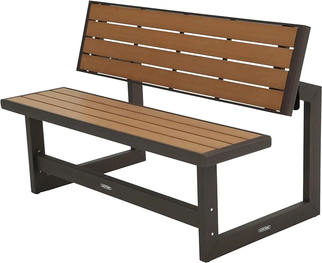 

Patio Benches, Convertible Bench / Table, Faux Wood Construction, 55 Inch, Brown