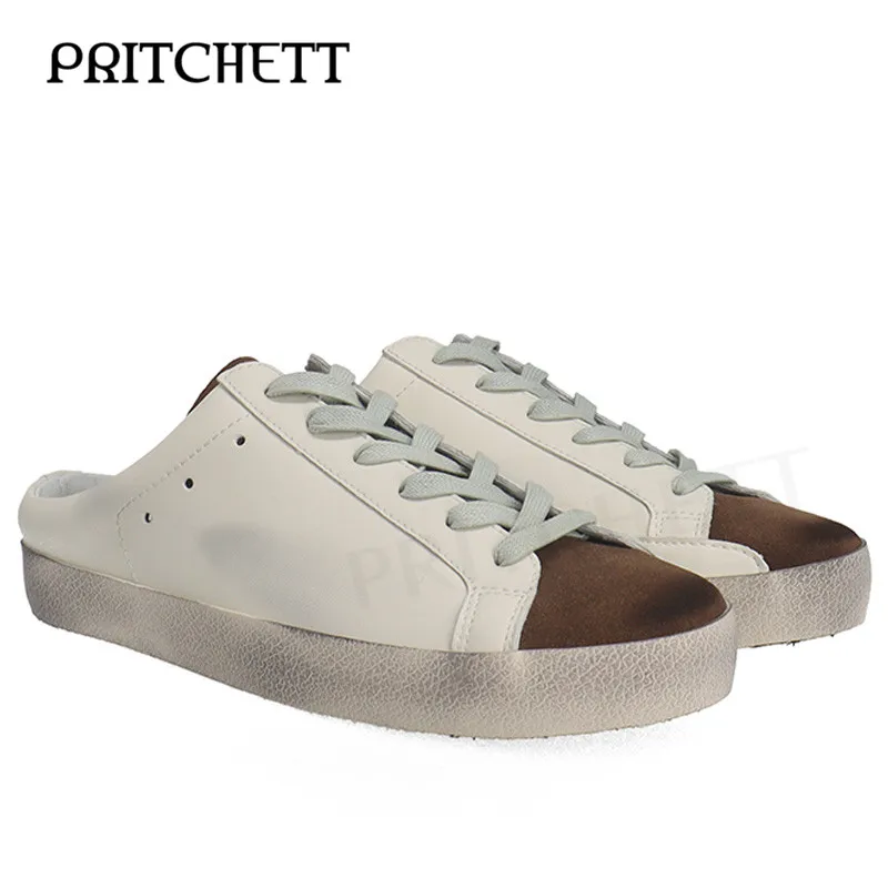

Casual Light Green Strappy Half Slippers Round Toe Brown and White Color Matching Retro Old Sneakers Women's Shoes Dirty Shoes