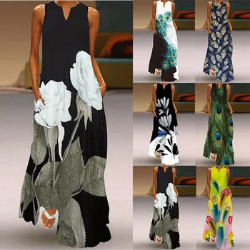 Women Summer Sleeveless V-Neck Dress Elegant Vintage Print Long Dress Beach Party Casual Tank Women Maxi Dress Large Size Robe