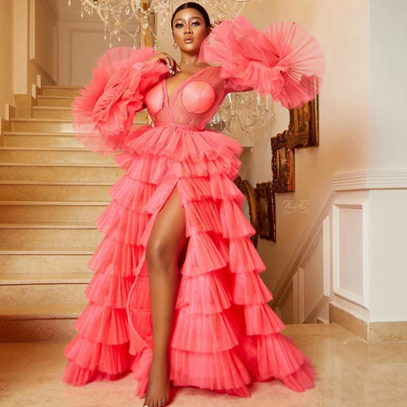 

Sweet Watermelon Red Tiered Tulle Prom Gowns With Flare Sleeves Africa Sexy V Neck Slit Ruffles Formal Party Dresses