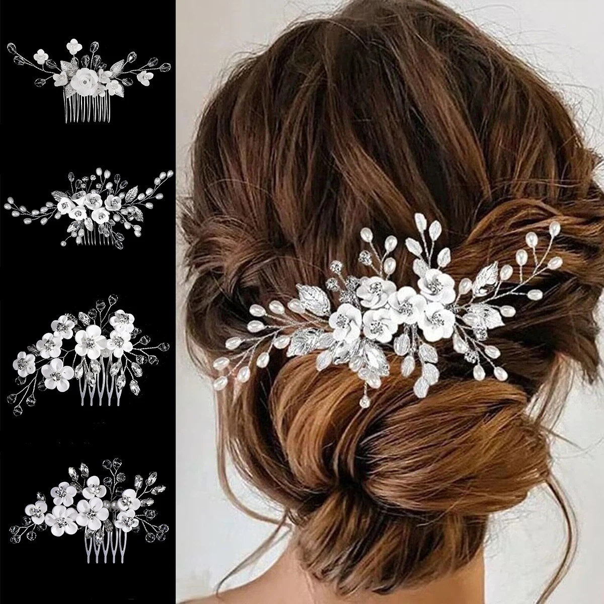 Soft Ceramic Flower Women's Hair Comb Pearl Rhinestone Daily Hair Clip Wedding Party Bridal Jewelry Headdress