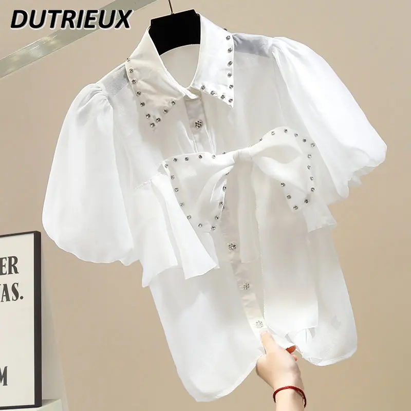 

Summer New Design Sense 3D Bow Decoration Puff Short Sleeve Shirt Korean Style Exquisite Rhinestone Loose Tops for Women