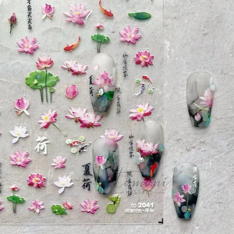 

Chinese Style Begonia Lotus Water Lily DIY 3D Self Adhesive Nail Art Decorations Sticker Flower Vintage Manicure Decal Wholesale
