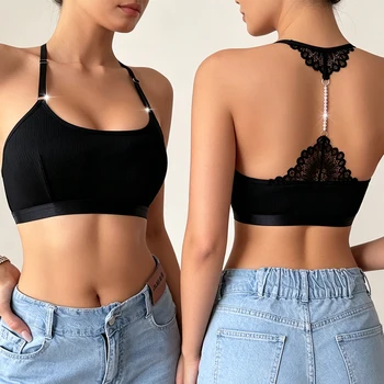 Women Ribbed Bralette Lace Halter Back Pearl Chain Strappy Wireless Bra Back Lace Trim Crop Top Camisole Lingerie For Daily Wear 1