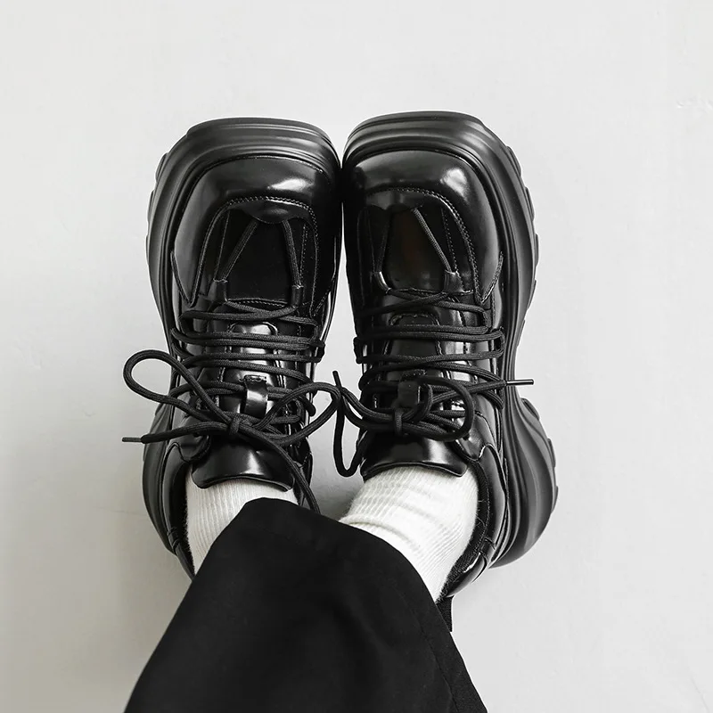 

Men Sqaure Toe Leather Casual Shoes Fashion Platform Derby Shoes Male Lace Up Chunky Sneakers Business Formal Shoes