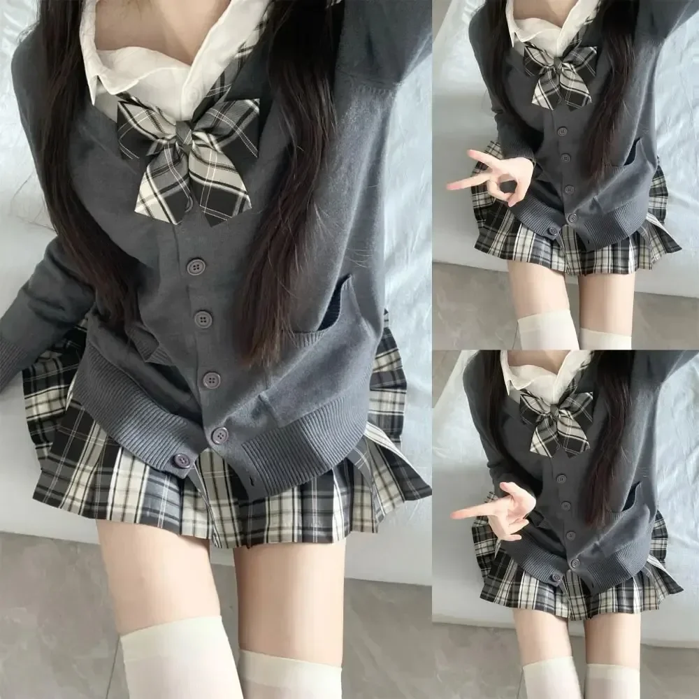 Japanese school uniform 3Pc set japanese korean school uniforms multicolor sweater plaid pleat skirt bow jk uniform suit graduation costumes for women