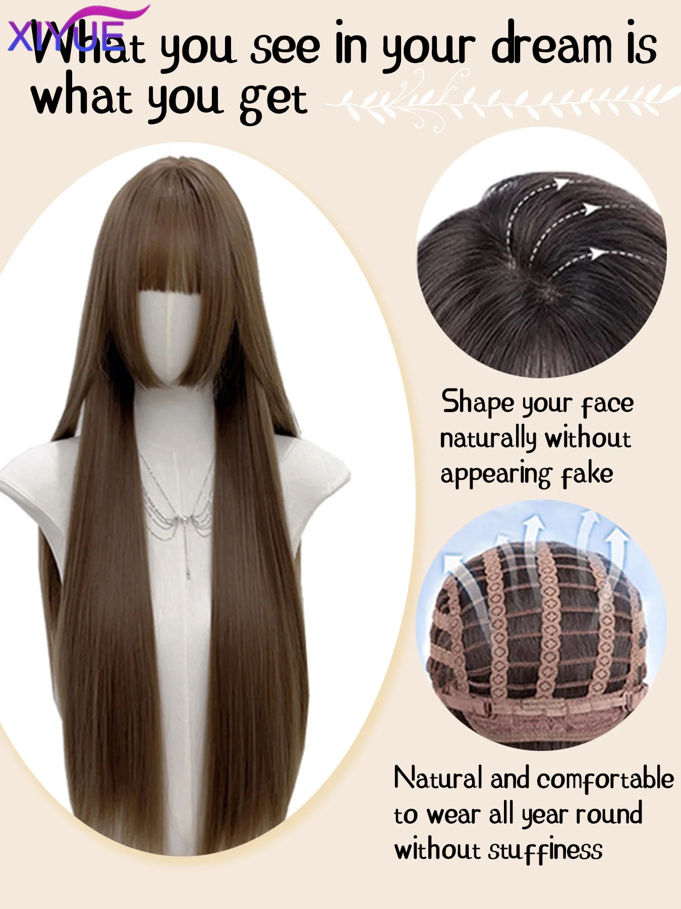 32Inch Honey Tea Flax Synthetic Wigs With Bang Long Natural Straight Hair Wig for Women Hime Cut Cosplay Heat Resistant