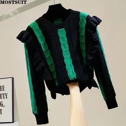 Stylish Ruffles Short Sweater Crop Tops Women 2023 AutumnNew Arrival Long Sleeve O-neck Chic Vintage Streetwear Jumper Knitwear