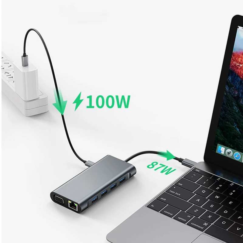 Type C Hub 11-in-1 Type-c USB 3.0 Multi-Port Laptop Docking Station Type C to 4K HDMI VGA PD RJ45 100M Gigabit NIC Adapter