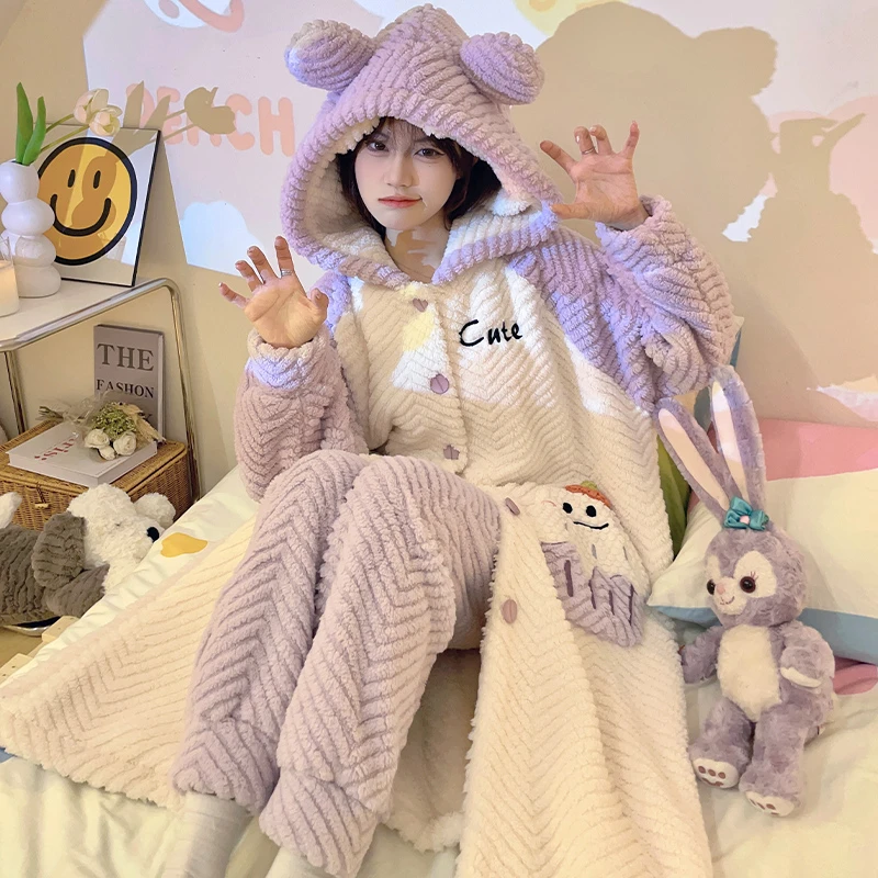 

Lovely Women Night-robe Sleepwear Long nightgown Winter Thicken Soft Homewear Set Hooded Lady Pajamas Plush Two-Piece