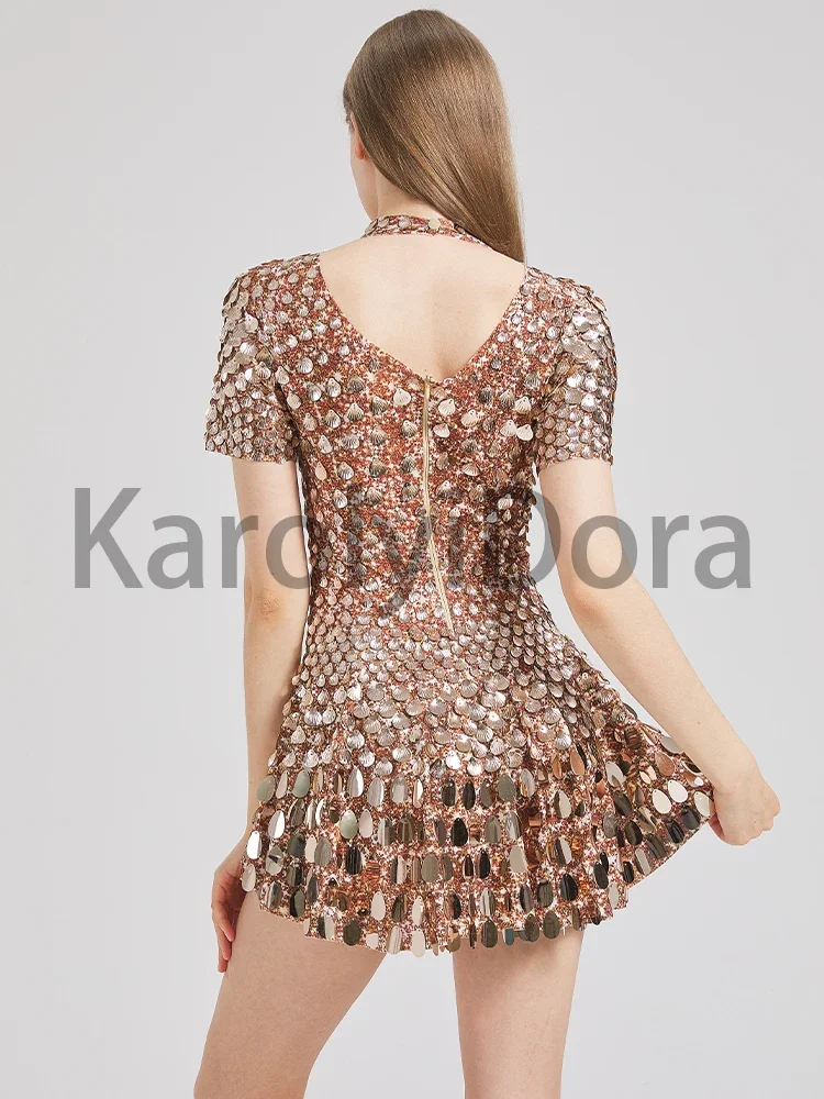 Sexy Khaki Shell Sequins Mini Dress Nightclub Dance High Quality Performance Clothing Bodysuit Birthday Red Luxury Dresses dance dress rhinestones dress sexy evening dress