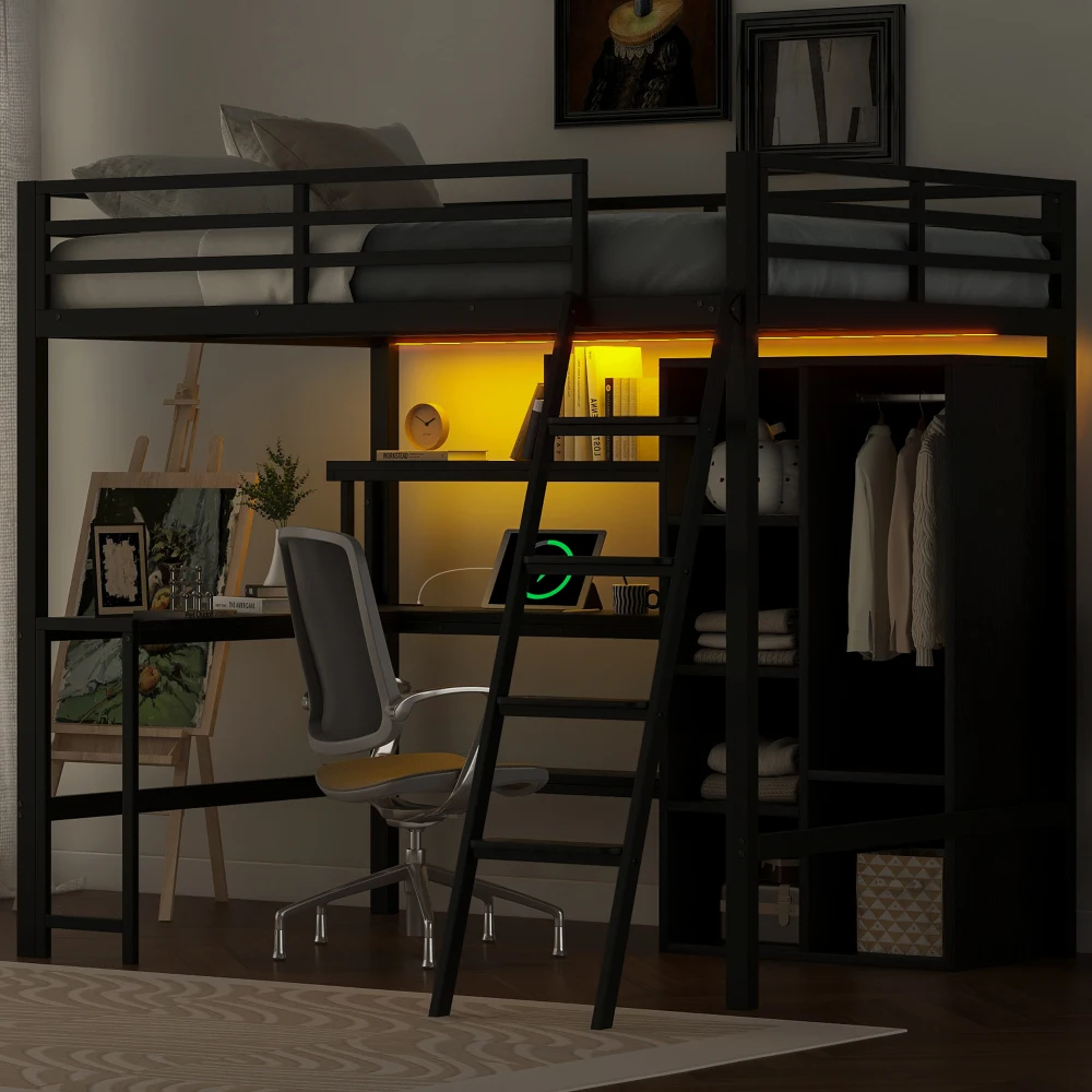 Metall-Gaming-Hochbett mit LED und Schreibtisch Modernes Kinder-Etagenbett mit Offenem Kleiderschrank Aufbewahrungsboxen Schwarz Ideal für Kinderschlaf und -spiel – Detail 20