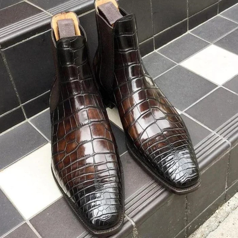 New Brown Chelsea Boots for Men Black Business Pointed Toe Slip-On Crocodile Pattern Handmade Men's Short Boots