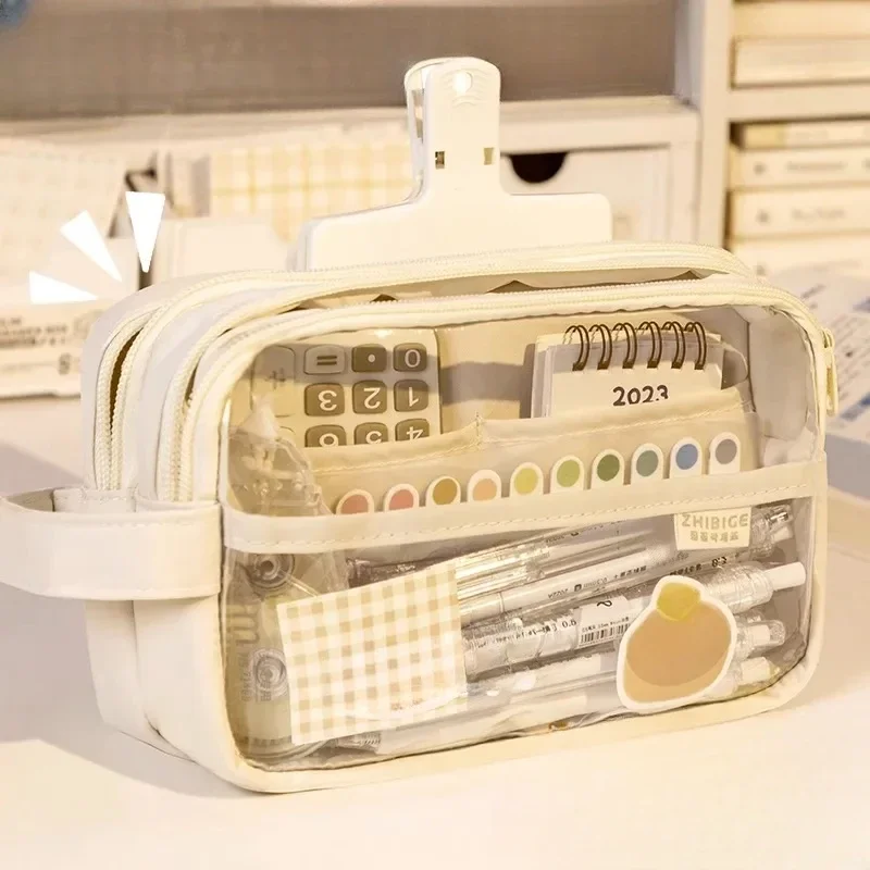 대용량 펜 케이스 투명 연필 가방, 귀여운 한국 문구 거치대 가방, 지퍼 연필 파우치, 학생 학용품 