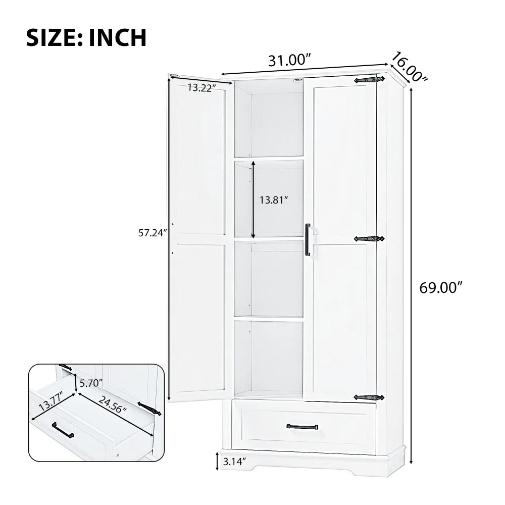 Tall Bathroom Storage Cabinet, Cabinet With Two Doors And One Drawer, Adjustable Shelf, MDF Board, White 4