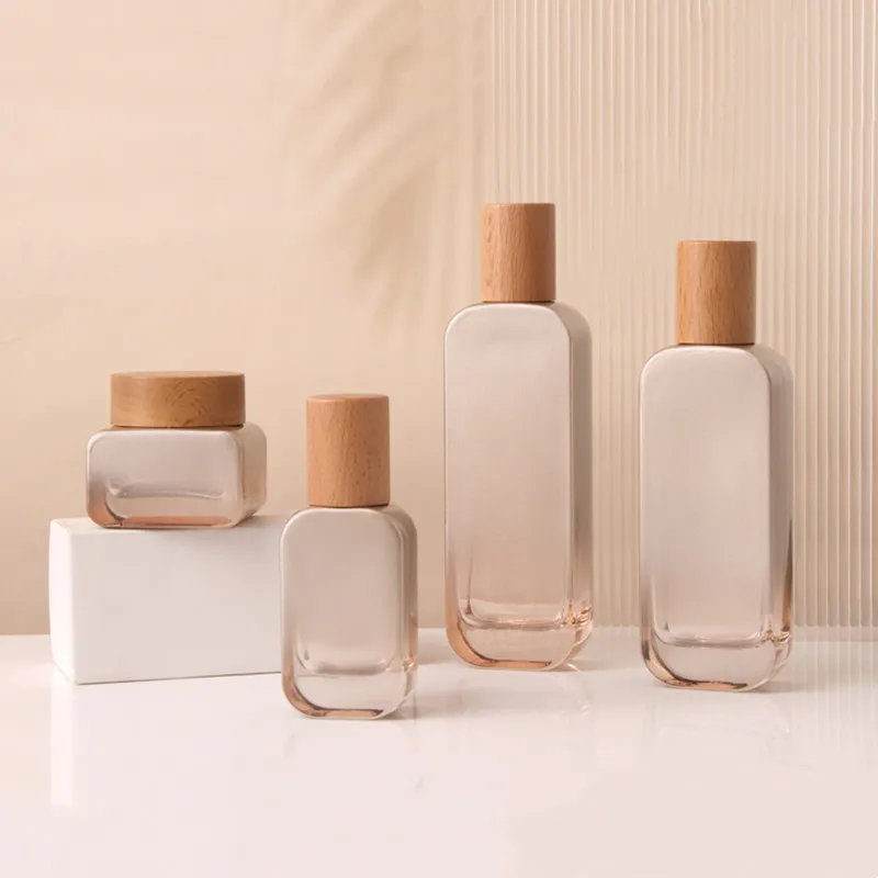 6pcs 30/50g Glass Cream Jars and 30-120ml Lotion Pump Bottles with Elegant Wooden Caps ... - SKU CBGS1131 - UGI Packaging