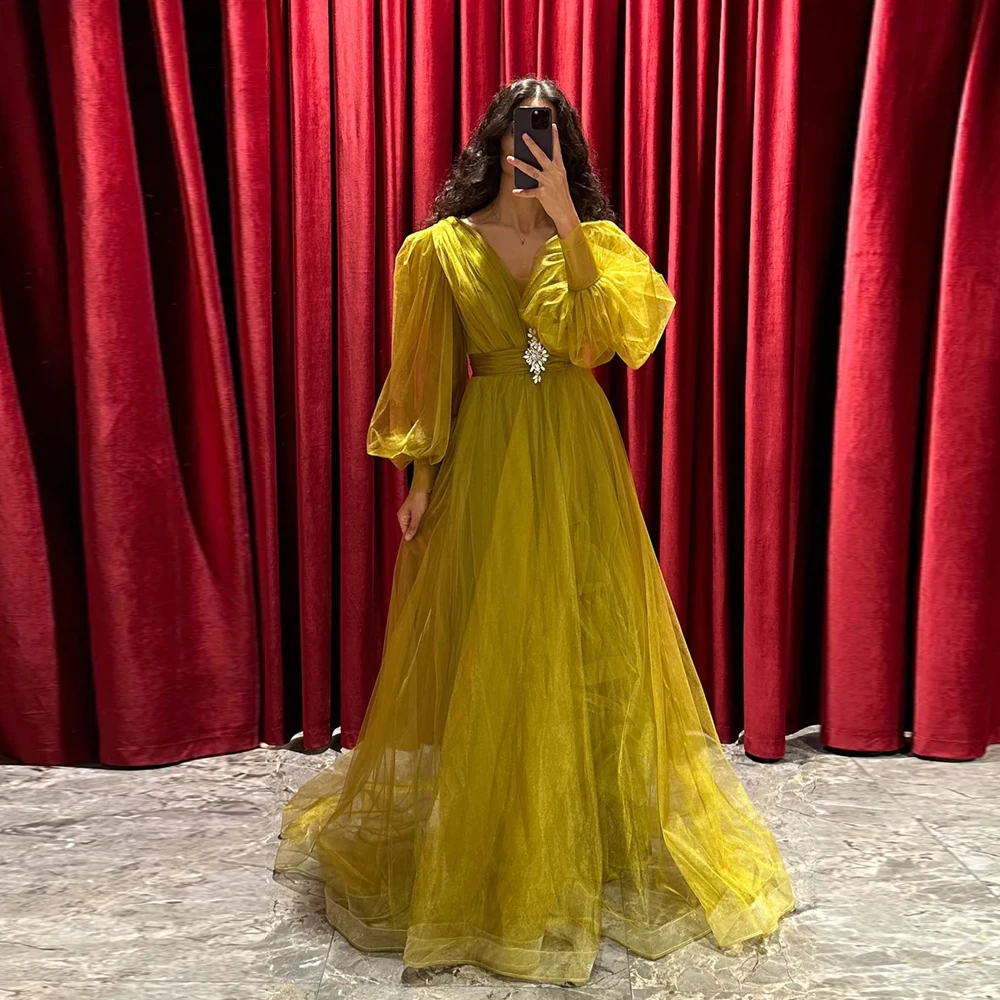 

Elegant V Neck Evening Dresses Long Puff Sleeve Party Gowns Beads Back Zipper Pleat Prom Gowns Floor Length A-Line فساتين السهرة