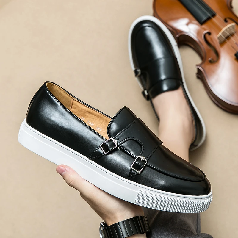 

Туфли мужские на платформе, толстая подошва, кожаные лоферы, без застежки, двойные пуговицы, для вождения, весна-лето