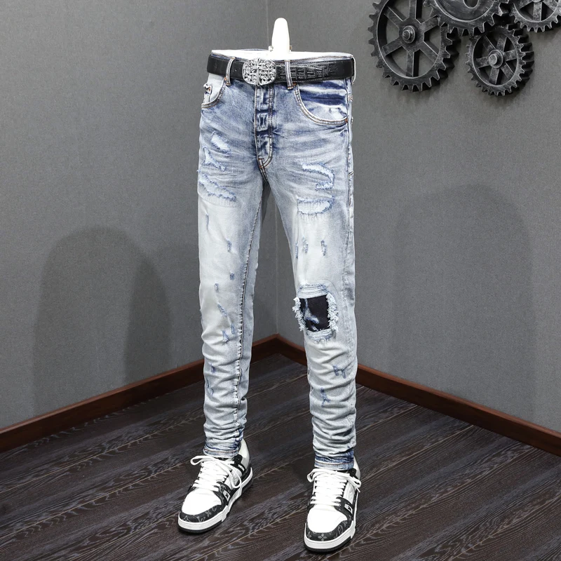 High Street Fashion Men Jeans Retro Light Blue Elastic Skinny Fit Ripped Jeans Men Patched Designer Hip Hop Brand Pants Hombre