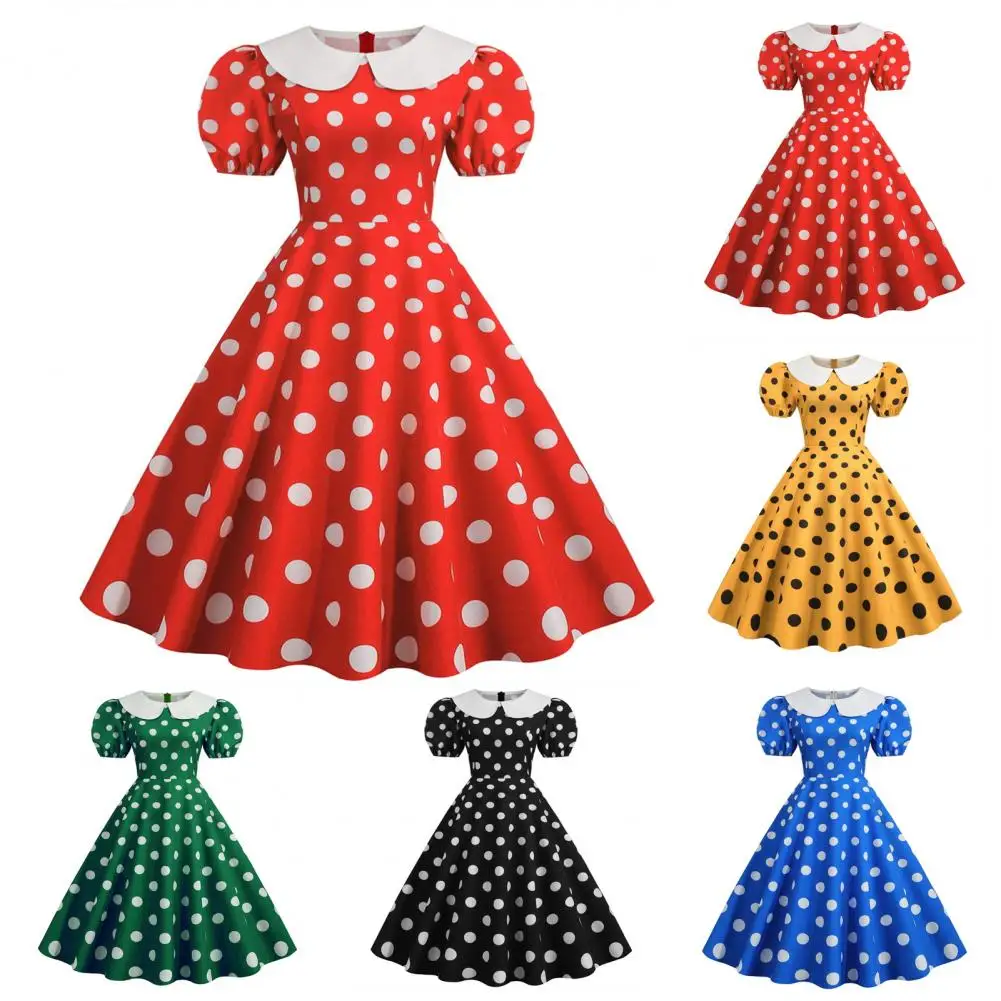 

Loose Fit Dot Dress Vintage 50s 60s Princess Dress with Big Hem Doll Collar Women's Retro Party Prom Wedding Dress in Contrast