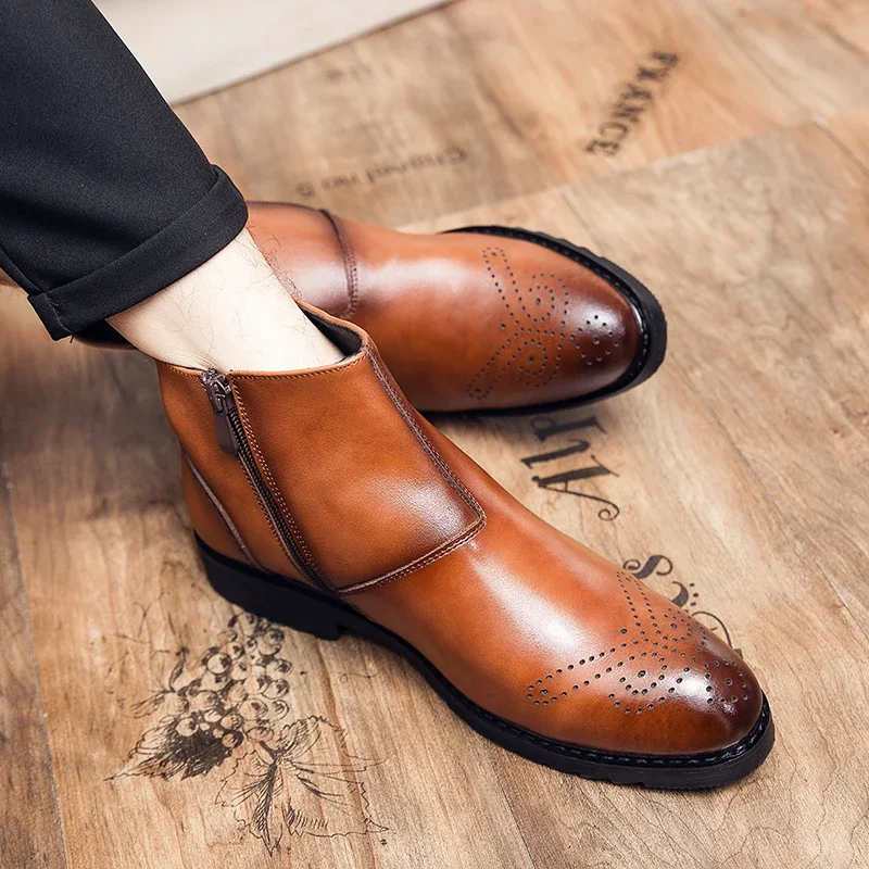 Men Shoes 2023 High Quality Zipper Men's Boots Autumn Pointed Toe Solid Breathable Chunky Heels Large Size Short Barrel Boots