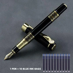 Elegant Wood Grain Metal Fountain Pen - Premium Student Writing Instrument (Black pen blue set)