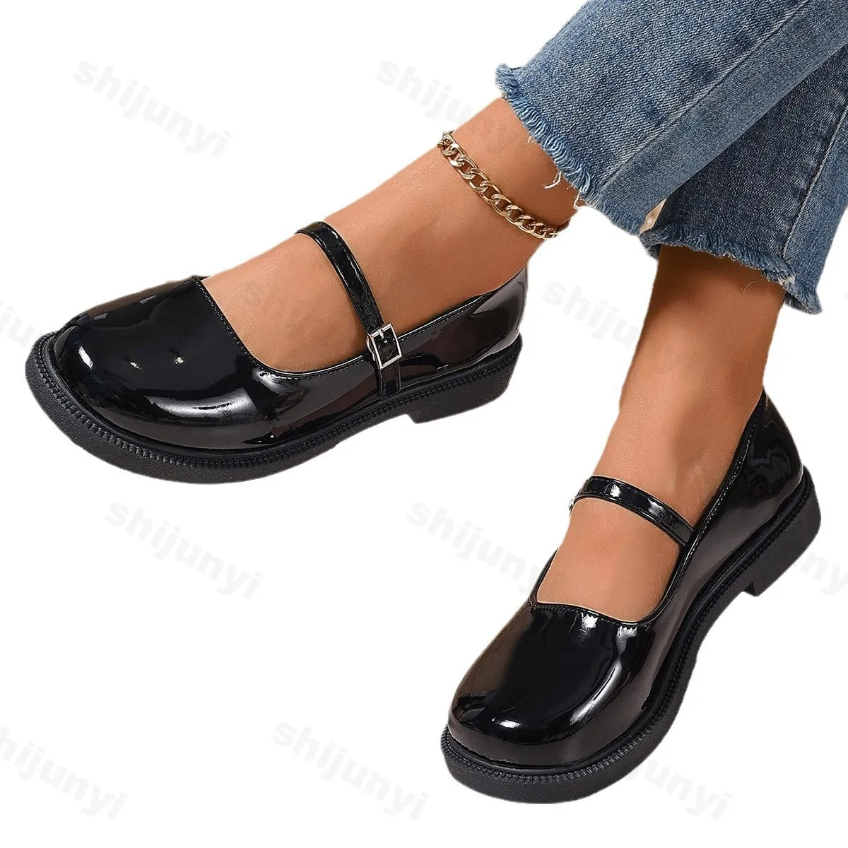 2025 New Women's Thick Heel Shoes Autumn New Round Head Shallow Mouth One Word Thick Soft Sole Non-slip Low Top Leather Shoes 5