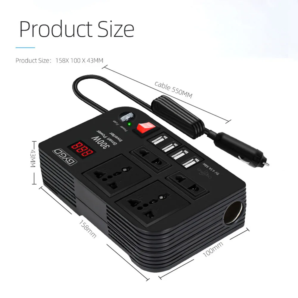 Universal 300W Car Inverter DC 12V to 220V Converter Outlets 4USB Modified  Sine Wave Fast Charging Socket Power Inverter Adapter