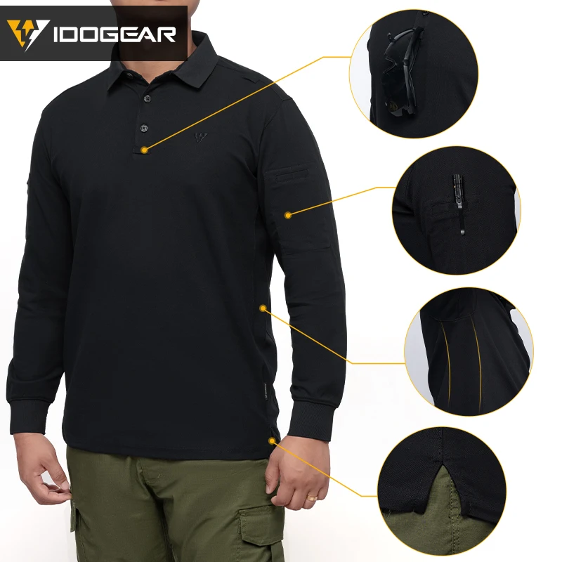 IDOGEAR Tactical Polo Shirt Long sleeves lapel Shirt SORONA Material Breathable Hiking Sports Top 3117