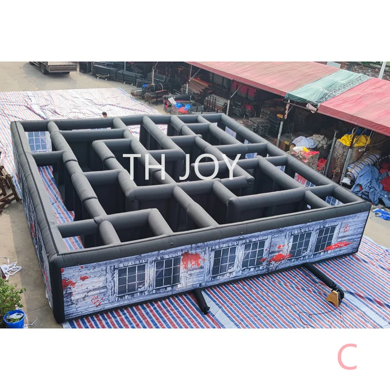 fast air shipping,33x33ft outdoor big inflatable haunted house escape room, digital printing inflatable maze tag game course 6