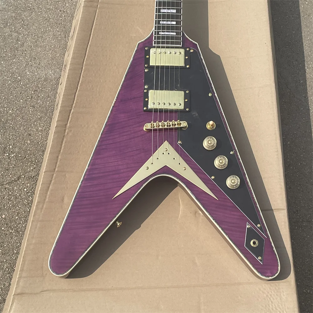 

In stock high quality classic Purple aircraft V fork electric guitar Black guard rose wood fingerboard Immediate delivery