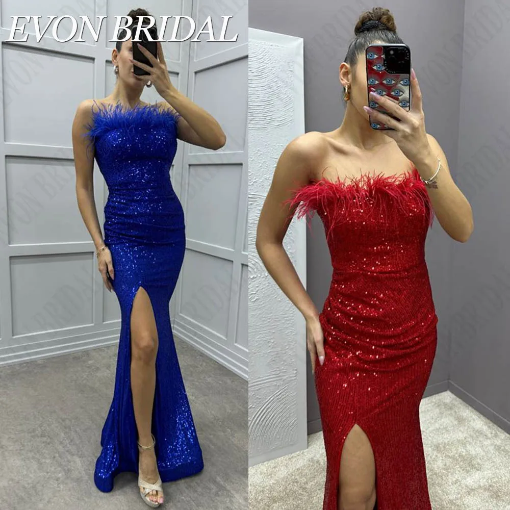 

EVON BRIDAL Royal Blue Sequined Evening Dress Feathers Mermaid Split Strapless Dubai Formal Occasion Gown Prom vestidos de noche