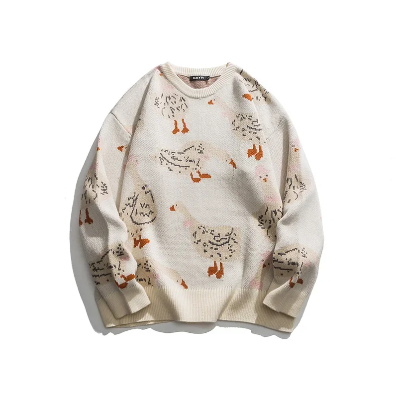 Autumn Winter Pullover Sweaters for Men Cartoon Goose Print Casual Loose Round Neck Knitwear Couple Oversized Knitted Sweater 3