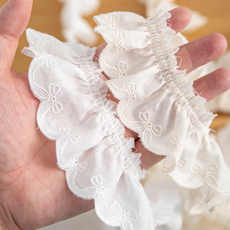 White Pure Cotton Pleated Lace Trim - 1 Yard, 4CM Width, Flower Bow Design for DIY Clothing and Hair Accessories