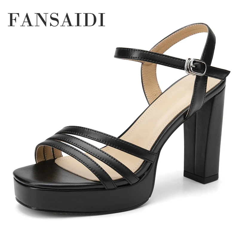 

FANSAIDI Summer Women White Apricot Genuine Leather Sandals Fashion Block Chunky Heels Waterproof Sexy New Narrow Band Buckle