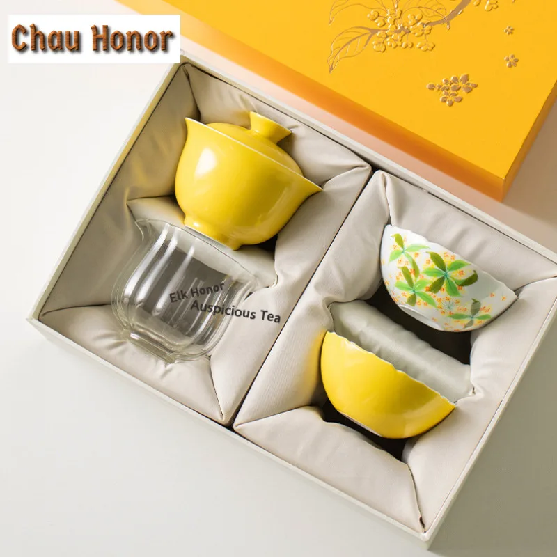 Hand-drawn Osmanthus Flowers Tea Set Complete Set Luxury Tea Ceremony Set Teapot And Tea Cup Set Cha Supplies Ornaments Craft