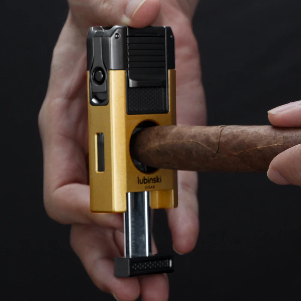 LUBINSKI 2 Torch Lighters Cigar V Cutter Punch Metal Butane Gas Cigar Lighter With Needles Dredge Cigar 5