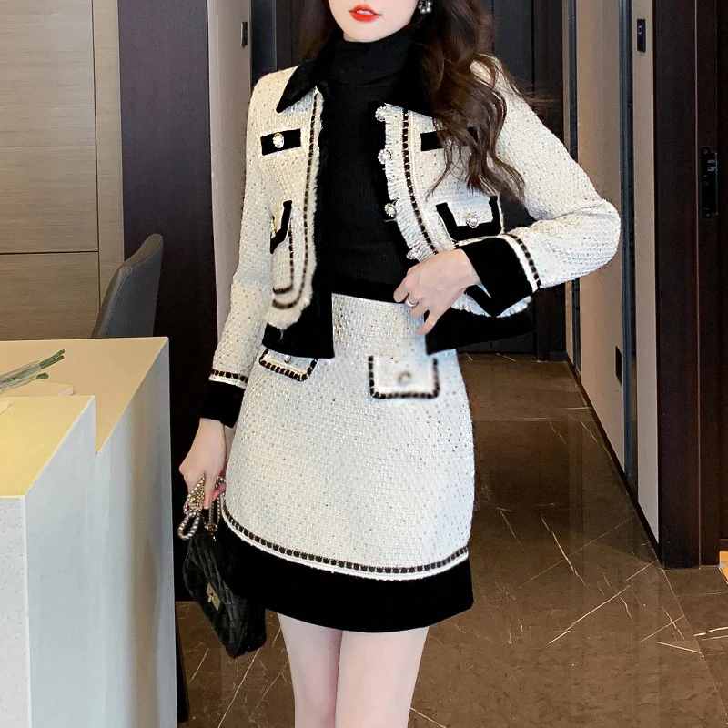 New Pearls Buckle Cropped Top Cardigan Long-Sleeved Jacket And Skirt High Quality Tweed 2Piece Suit