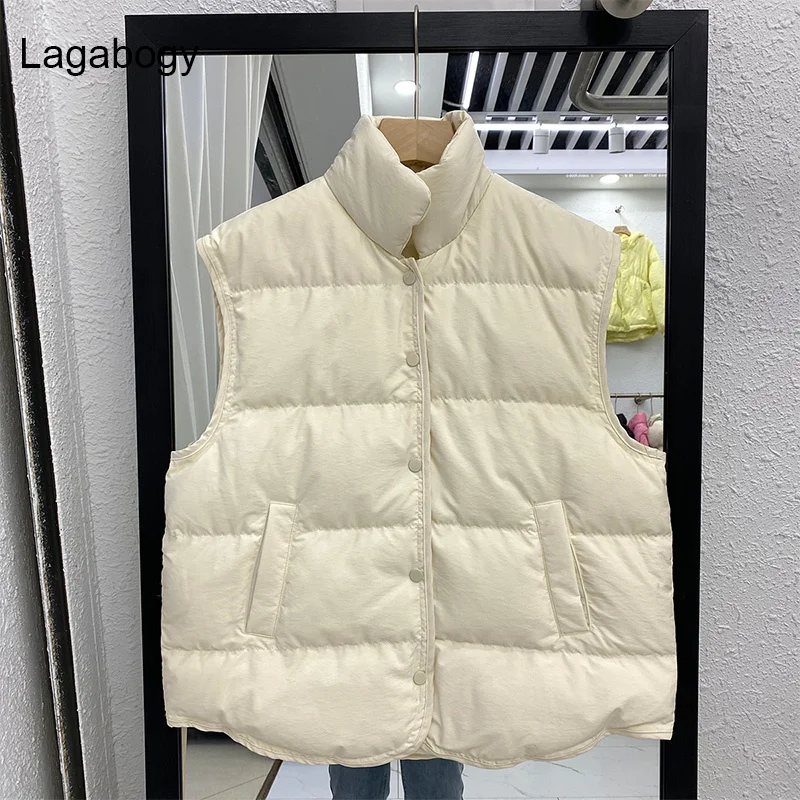

Женский однобортный жилет Lagabogy, повседневная бежевая куртка на белом утином пуху, теплая безрукавка, Осень-зима 2023