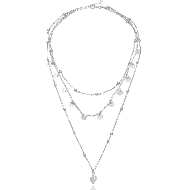Silver Color Multi-Layered Cactus Pendant Necklace for Women Exquisite Round Beads Collarbone Chain Jewelry Gifts