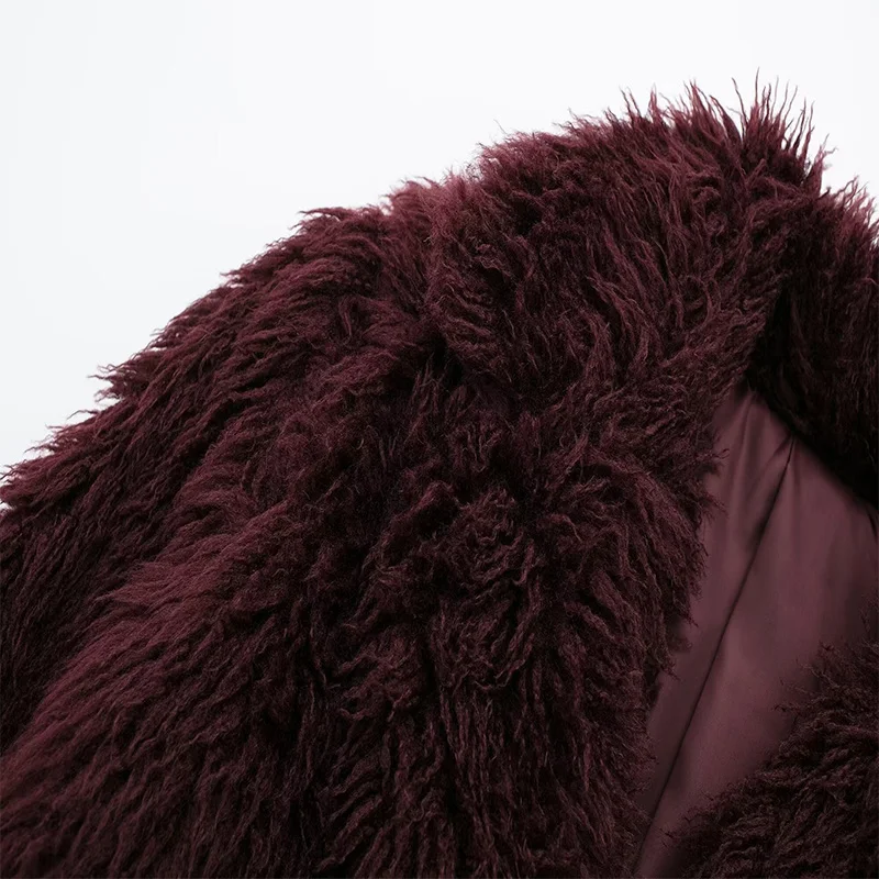 Koekop Women's Fashion Burgundy Asymmetric Thick Collar Fur Coat Vintage Casual Chic Temperament Lady Short Jacket 5