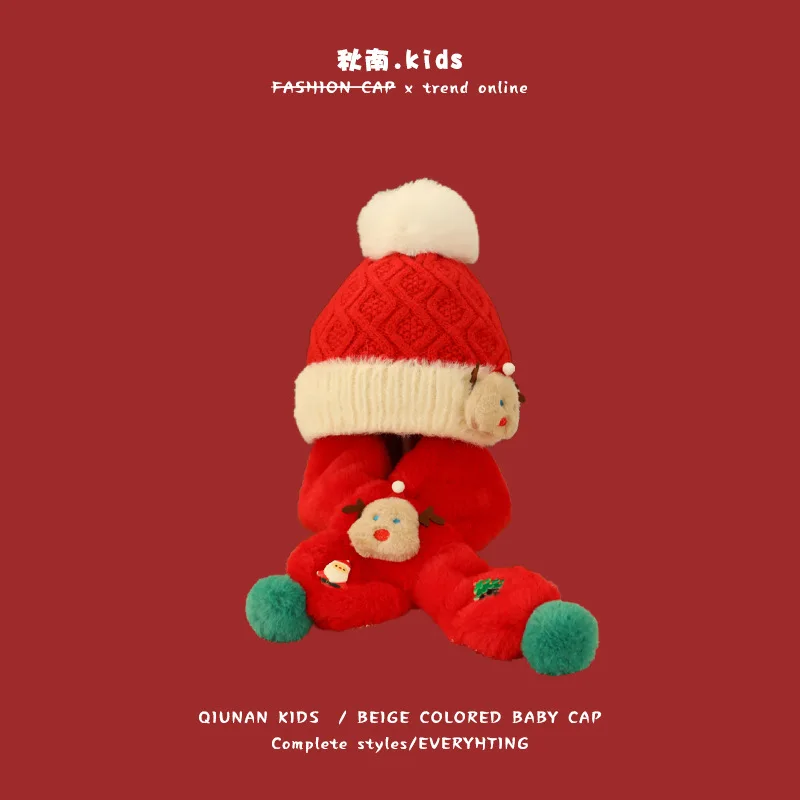 2-8Years Children's Hat Winter New Red New Year Warm Christmas Scarfs Hat Set Girls Boys Warm Baby Scarves