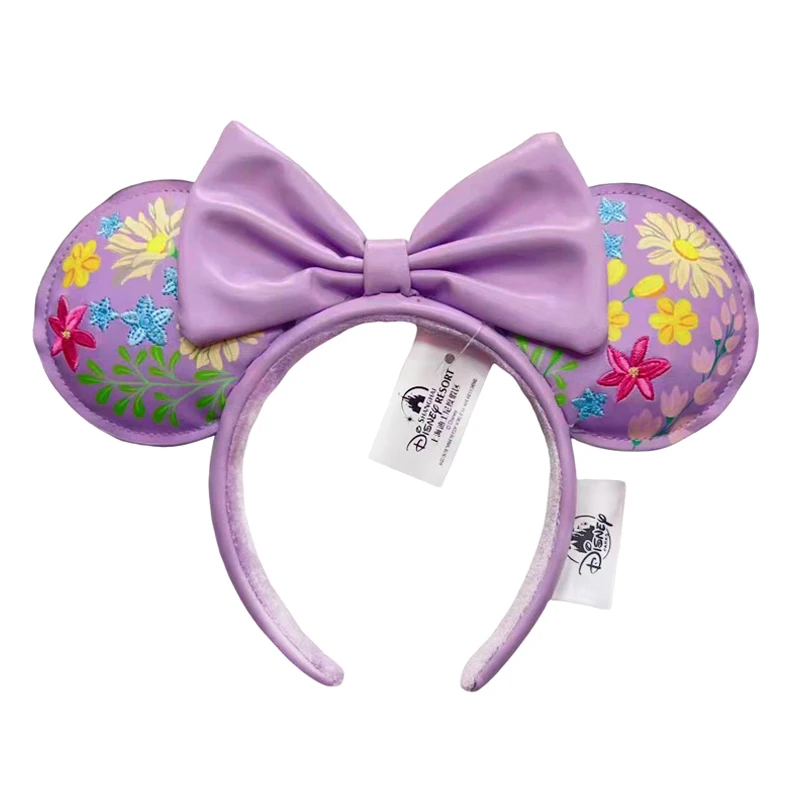 Disney Pu Leather Mickey Mouse Ears Fascia Per Capelli Disney Park Fiori Ricamati Viola Pallido Minnie Ear Copricapo Per Ragazza Regalo