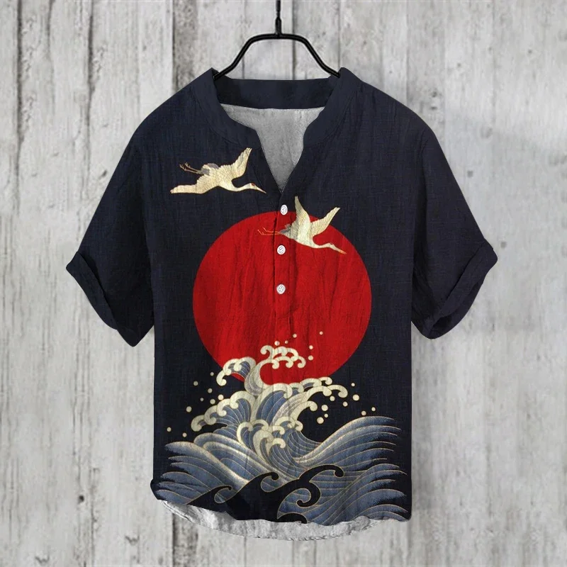 new clothing summer Man Casual v-neck Shirt short Sleeve Band Collar Henley Shirt fashion art illustration print Tops