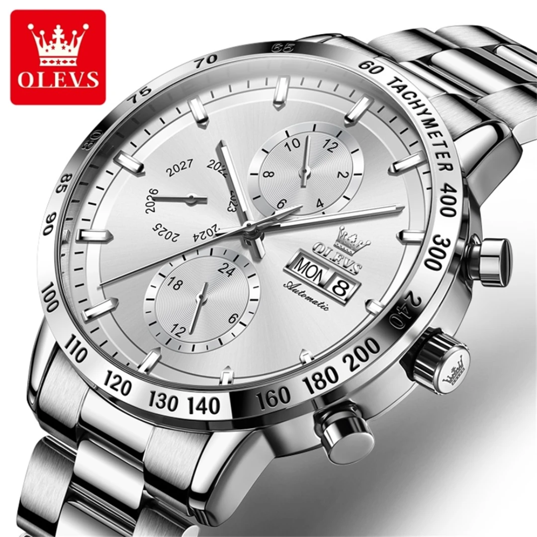 OLEVS 6683 Mechanical Sport Watch Gift Stainless Steel Watchband Round-dial Wristwatch Week Display Calendar Small second