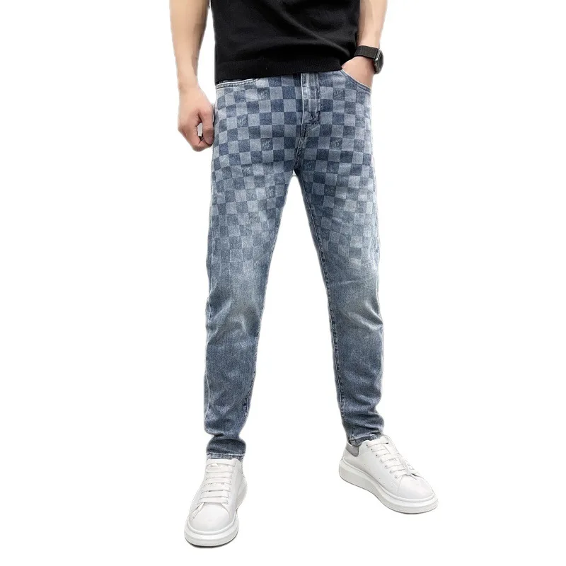 Light luxury high-end jeans Men's Fashion Square plaid printed design Stretch Slim fit light straight-leg trendy pants