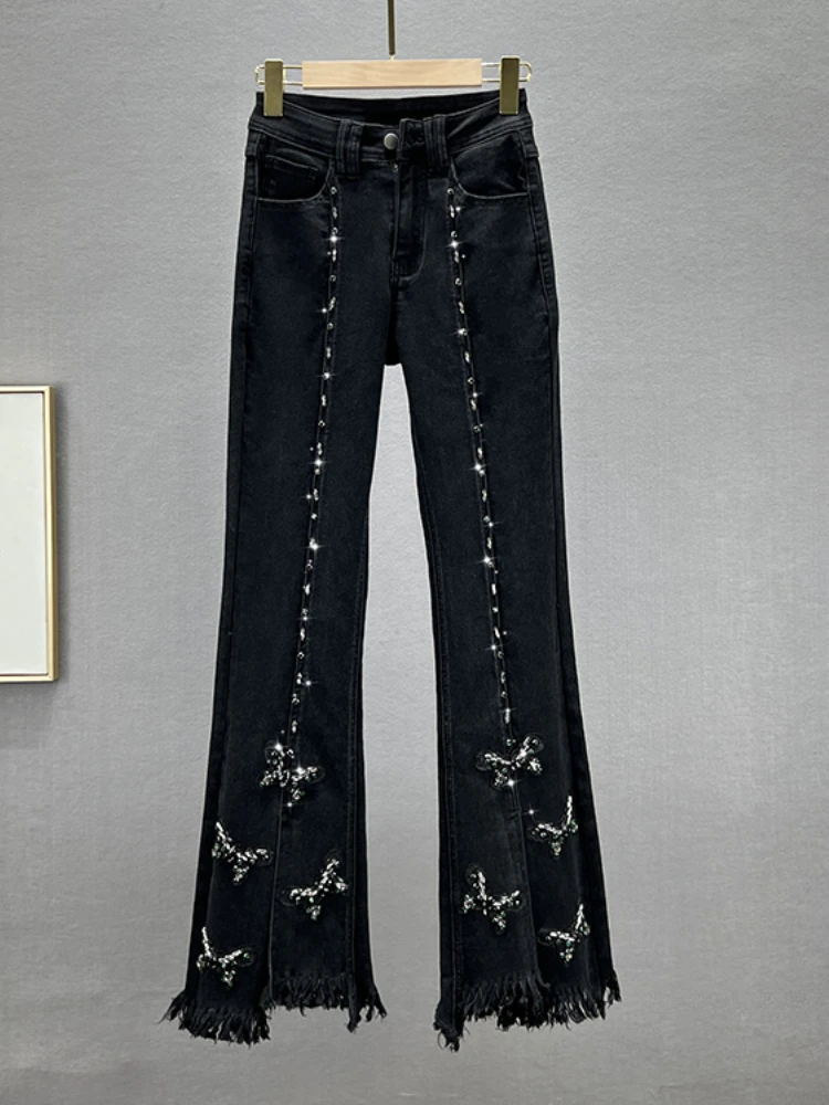 

black jeans women Denim Bootcut Trousers 2023 New Autumn High Waist Slimming Exquisite Rhinestone Frayed Edge Mop Trousers pant